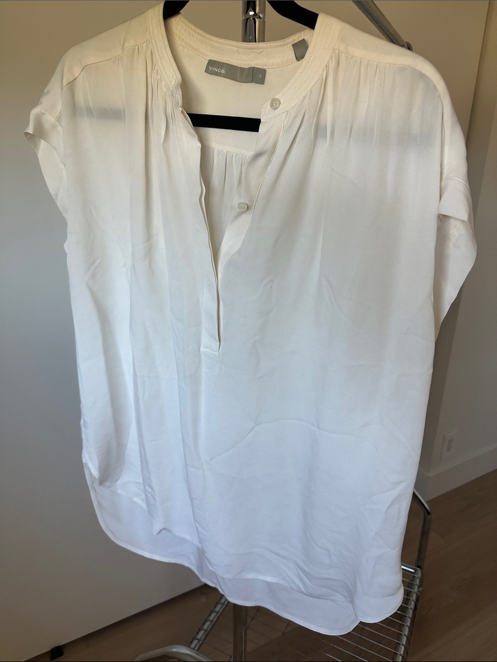 Vince White Short-Sleeve Silk Henley Blouse